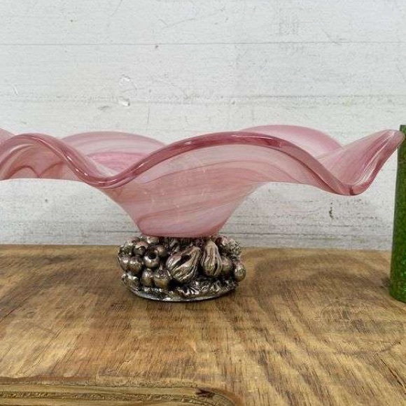 Pink and blue Swirl Glass Bowl with Metal Pedestal made in Italy